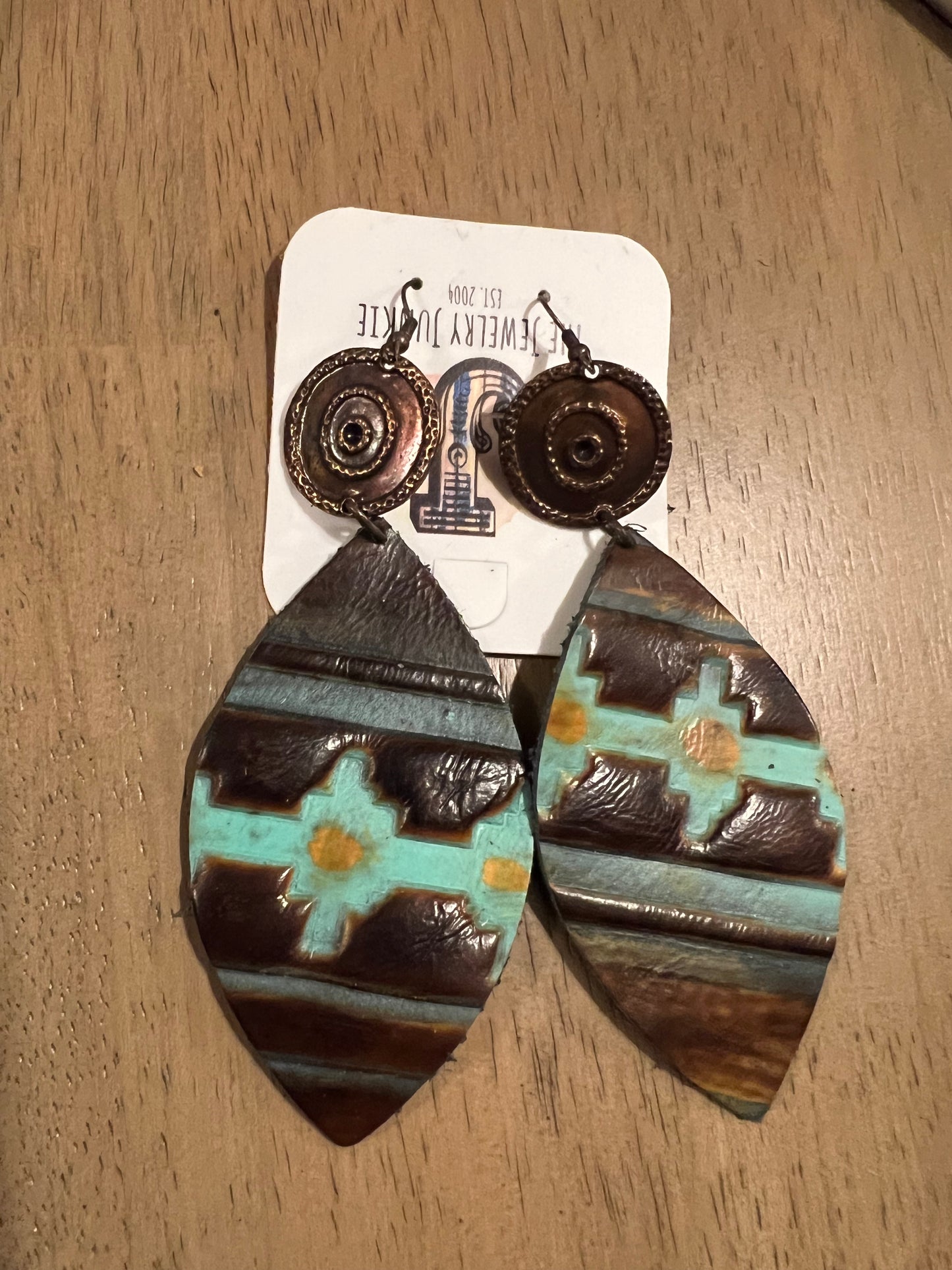 Leather Oval Hide Earrings with Blue Navajo Accents