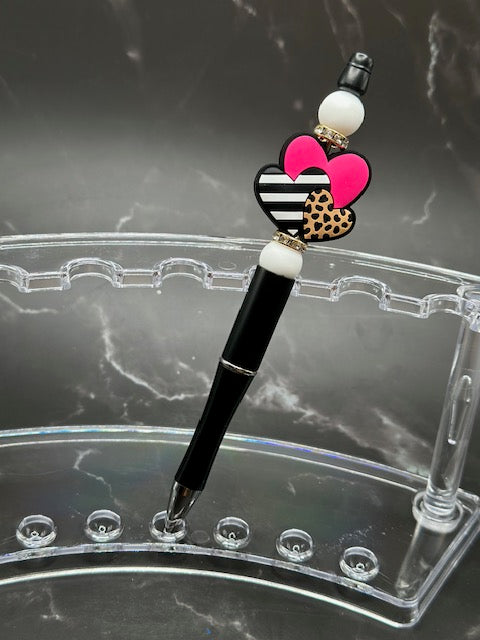 Pink/Black Hearts Beaded Pen