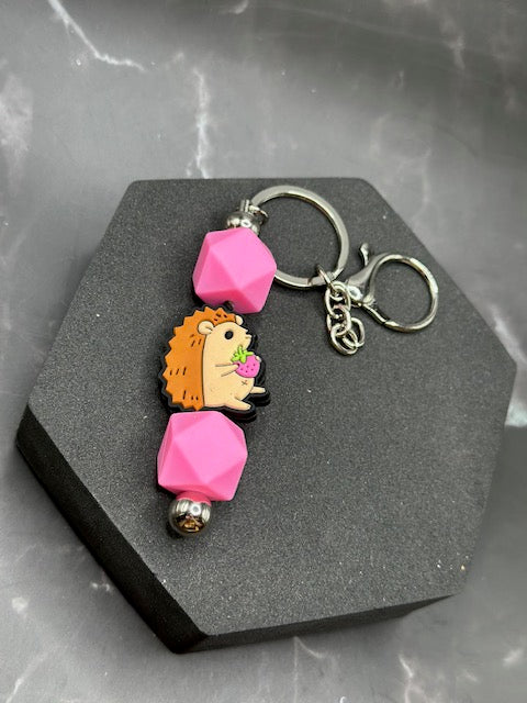 Pink Hedgehog Beaded Keychain