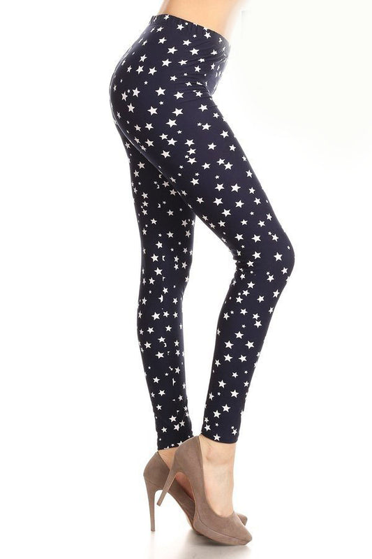 White Blue Stars Print Ankle one Size Leggings