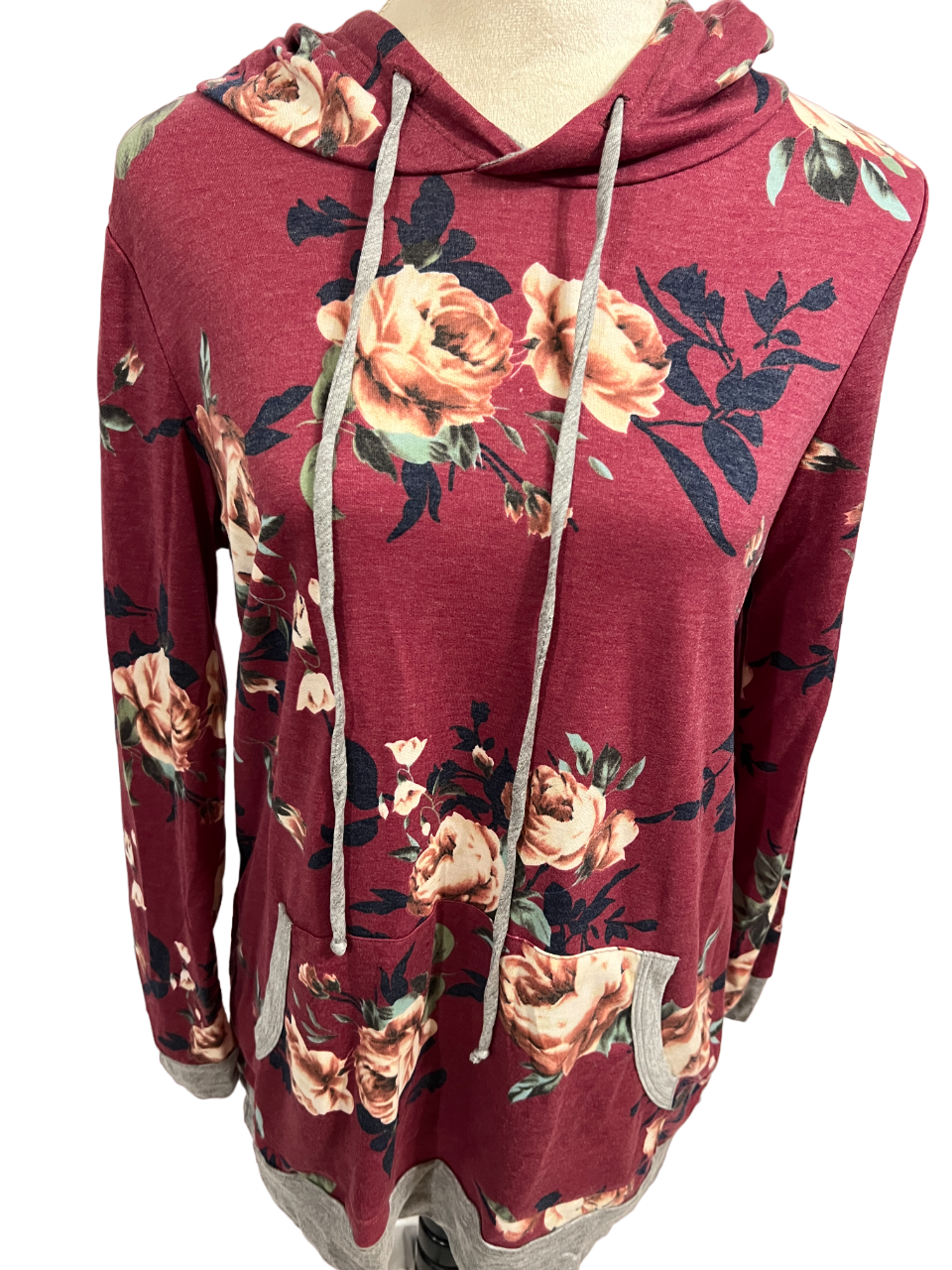 BURGUNDY FLORAL TOP WITH GREY HOOD