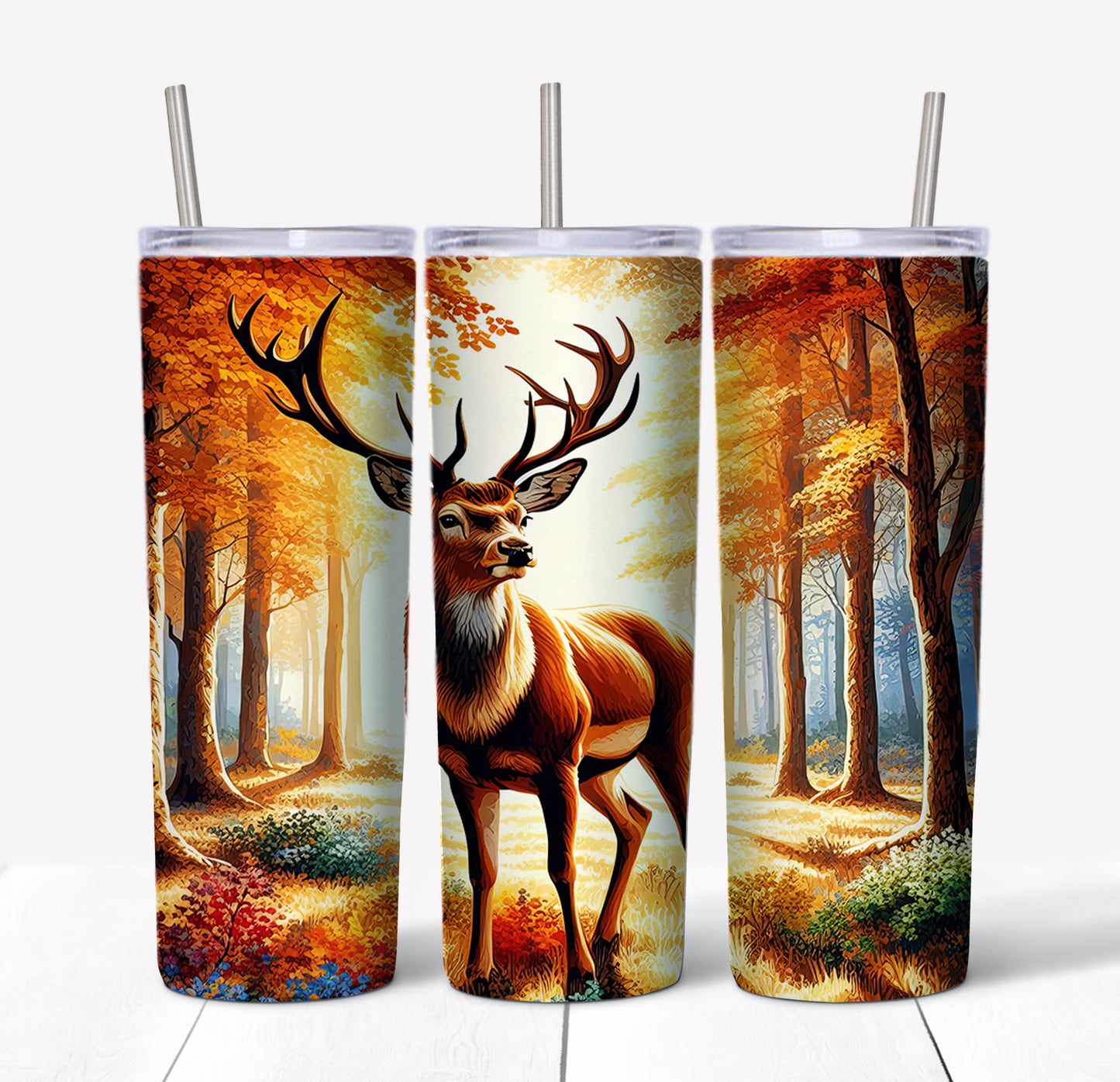 Deer Forest Skinny Tumbler w/Sliding Lid and Straw- 20 Oz