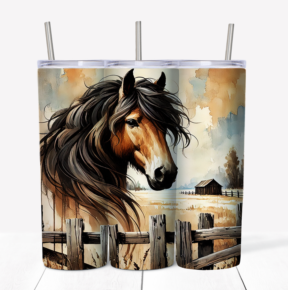 Fence Horse Skinny Tumbler w/Sliding Lid and Straw- 20 Oz