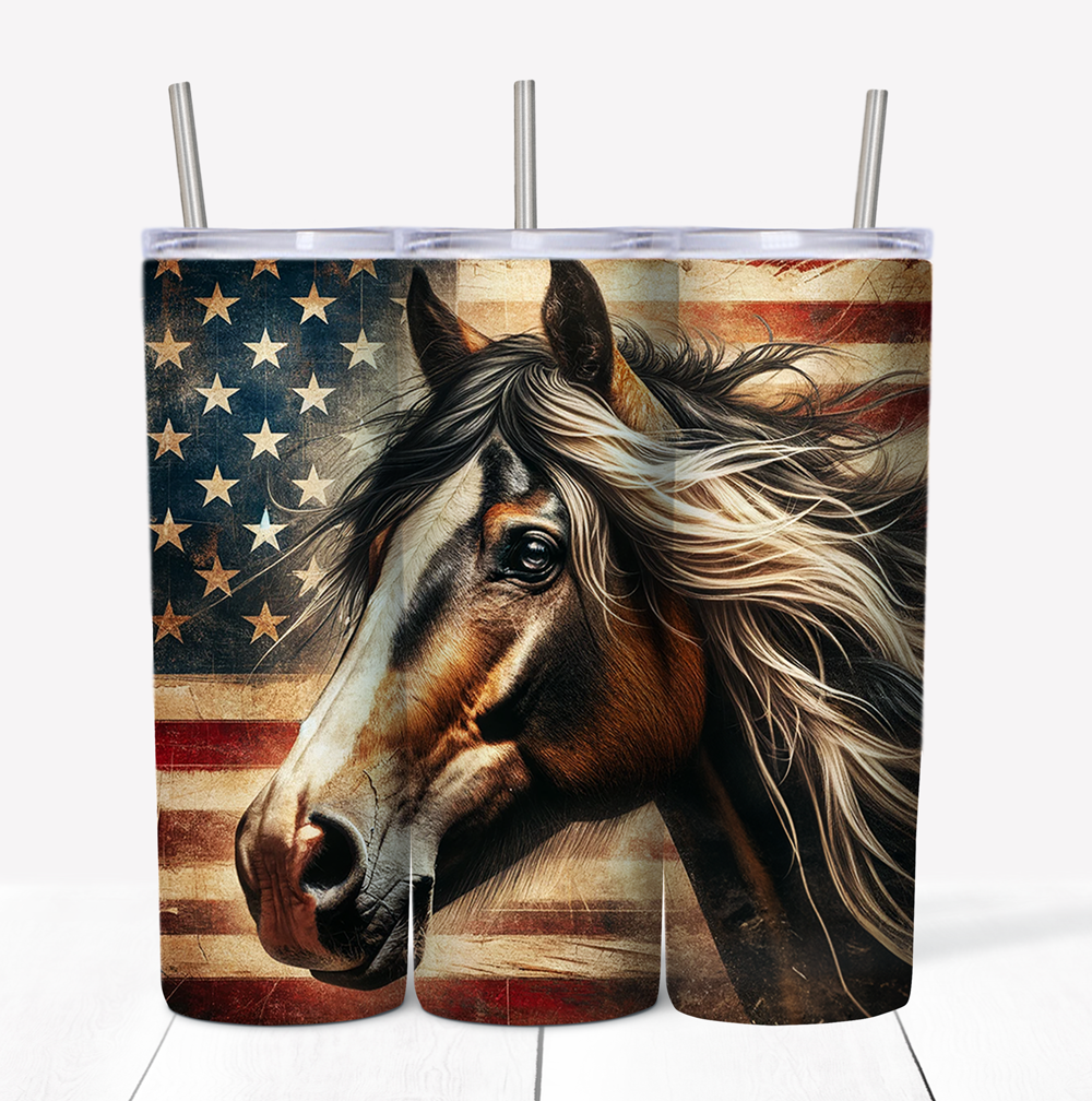 Patriotic Horse Skinny Tumbler w/Sliding Lid and Straw- 20 Oz