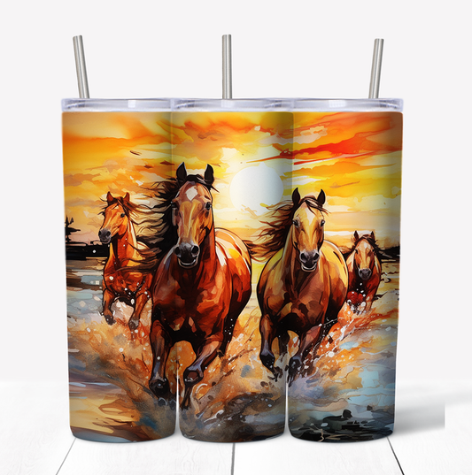 Running Horses Skinny Tumbler w/Sliding Lid and Straw- 20 Oz