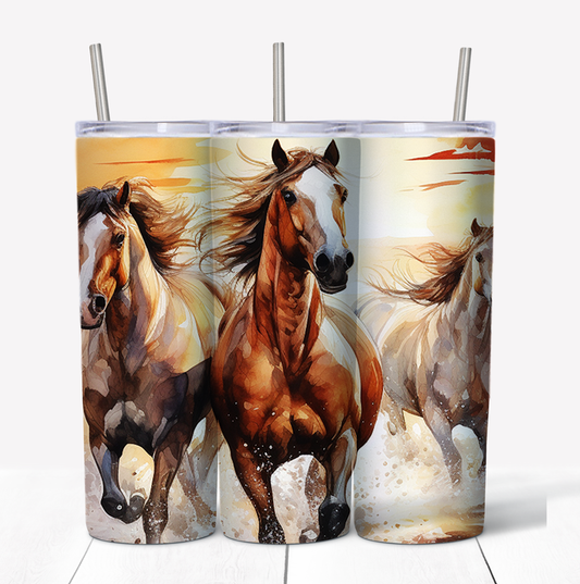 Running Horses 2 Skinny Tumbler w/Sliding Lid and Straw- 20 Oz