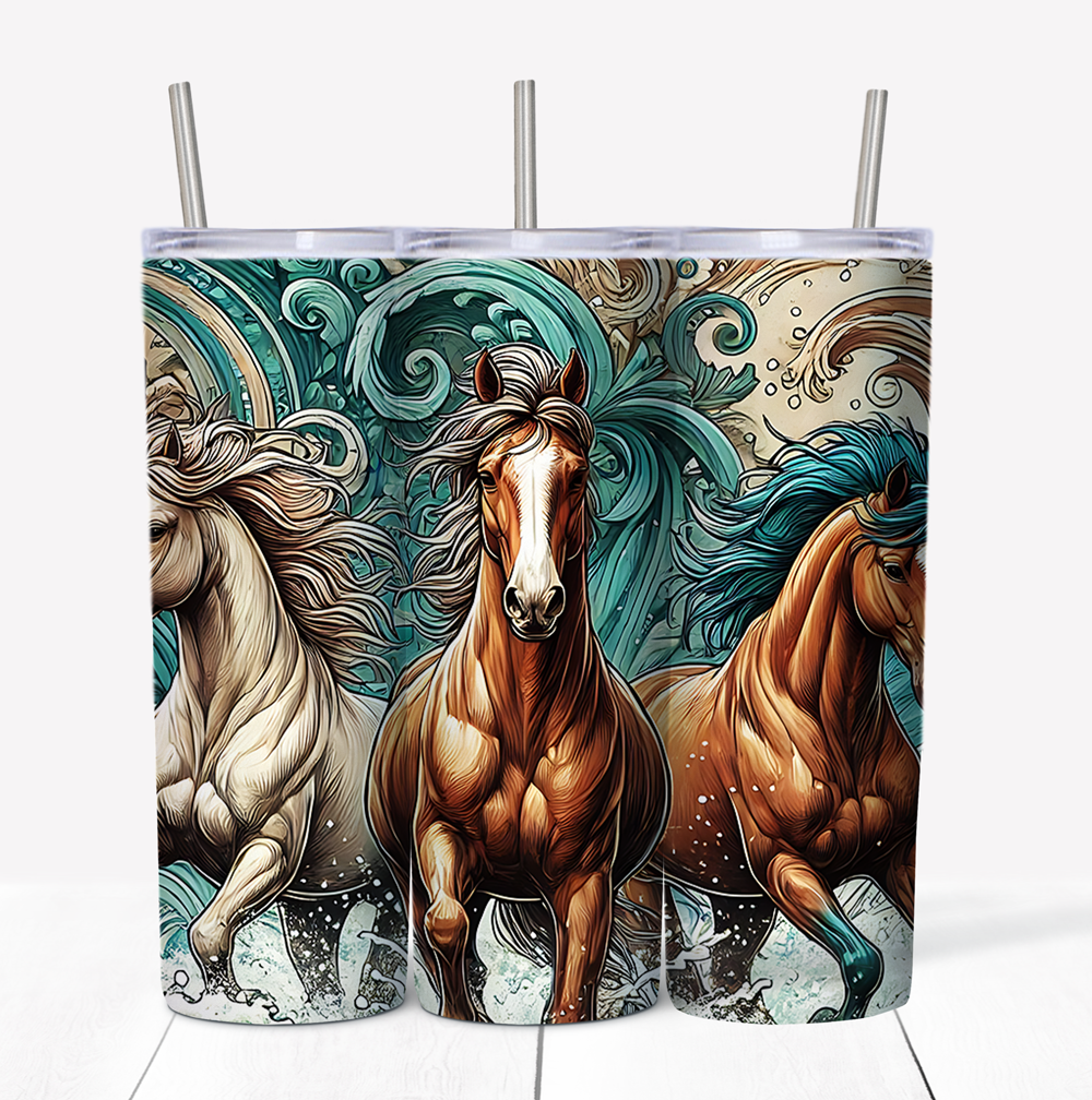 Teal Horses Skinny Tumbler w/Sliding Lid and Straw- 20 Oz