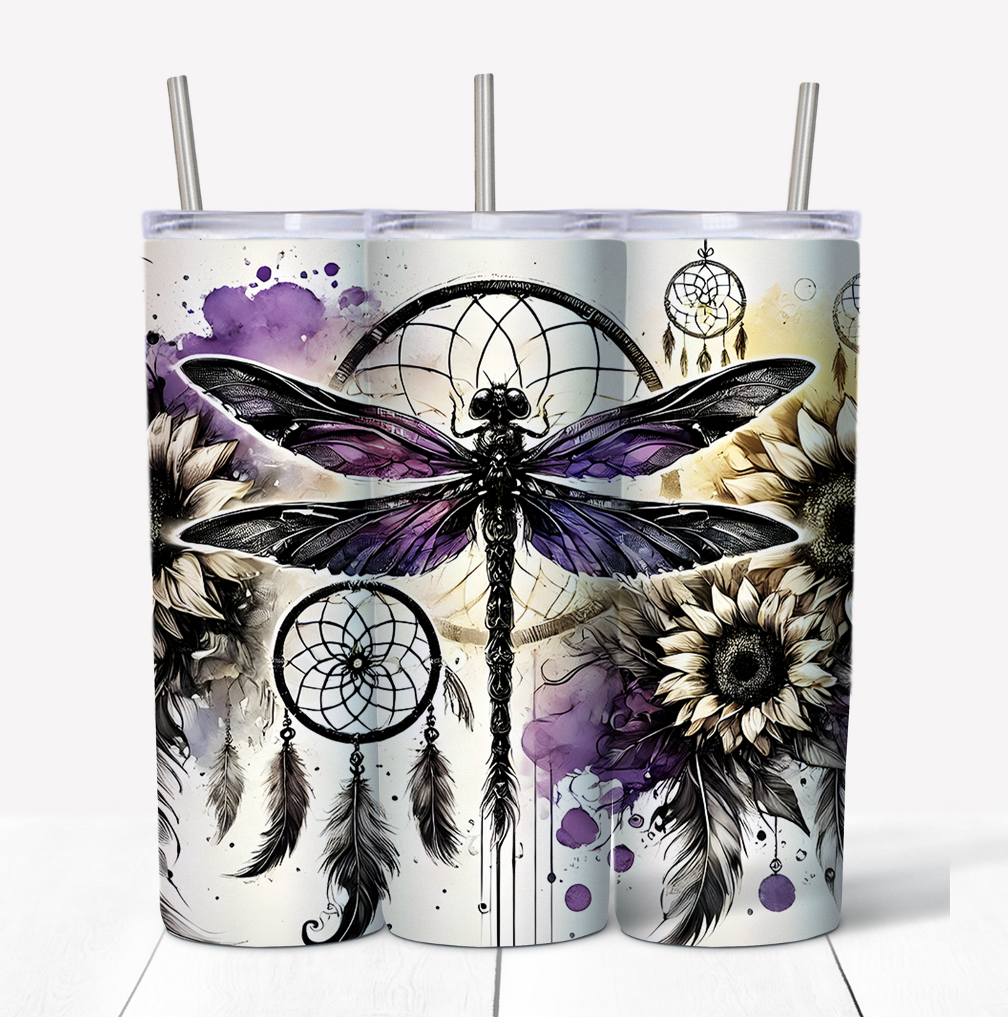 Purple Dragonfly Skinny Tumbler w/Sliding Lid and Straw