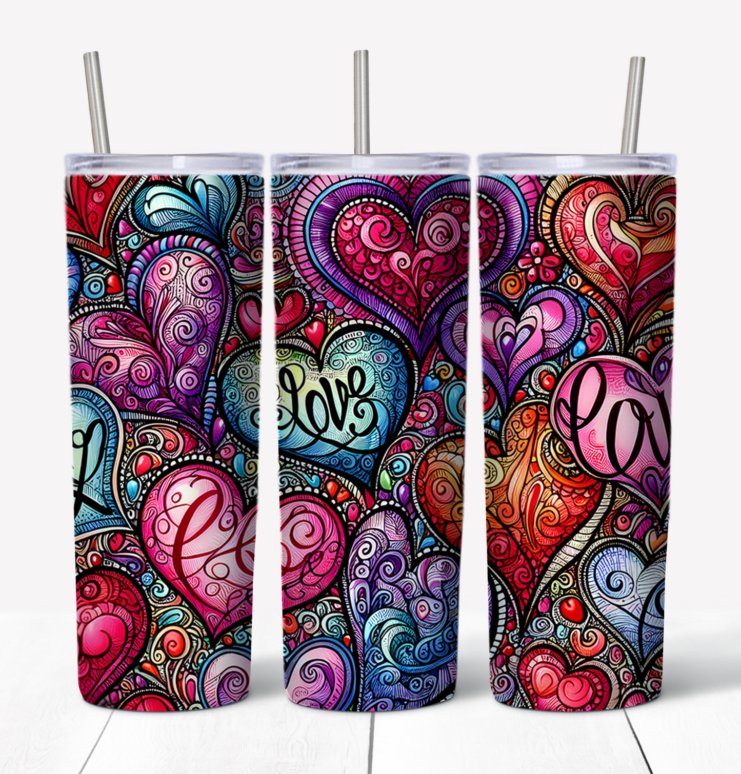 Valentines Hearts Love 3 Skinny Tumbler w/Sliding Lid and Straw- 20 Oz