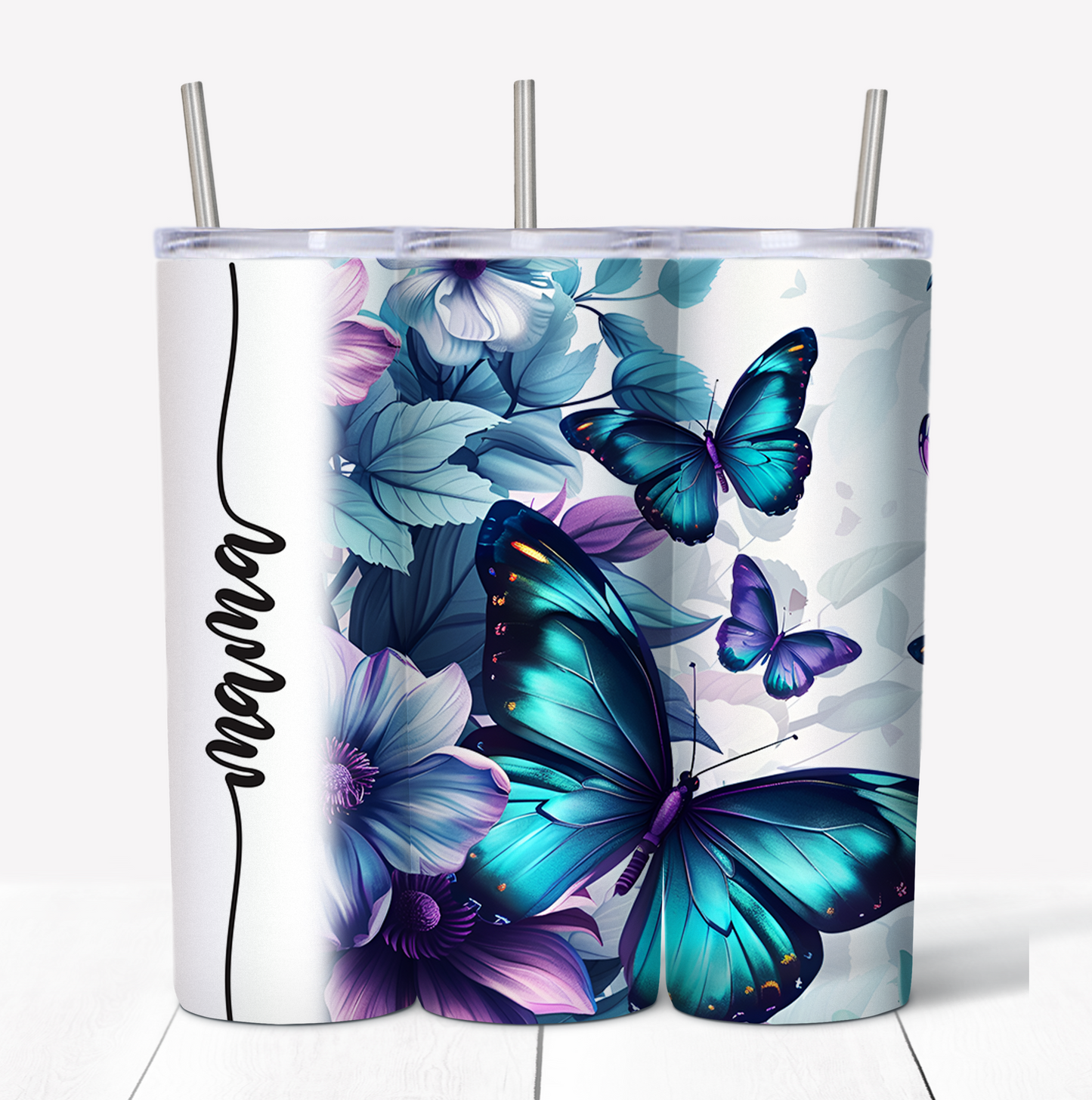 Purple Butterfly Mama Skinny Tumbler w/Sliding Lid and Straw