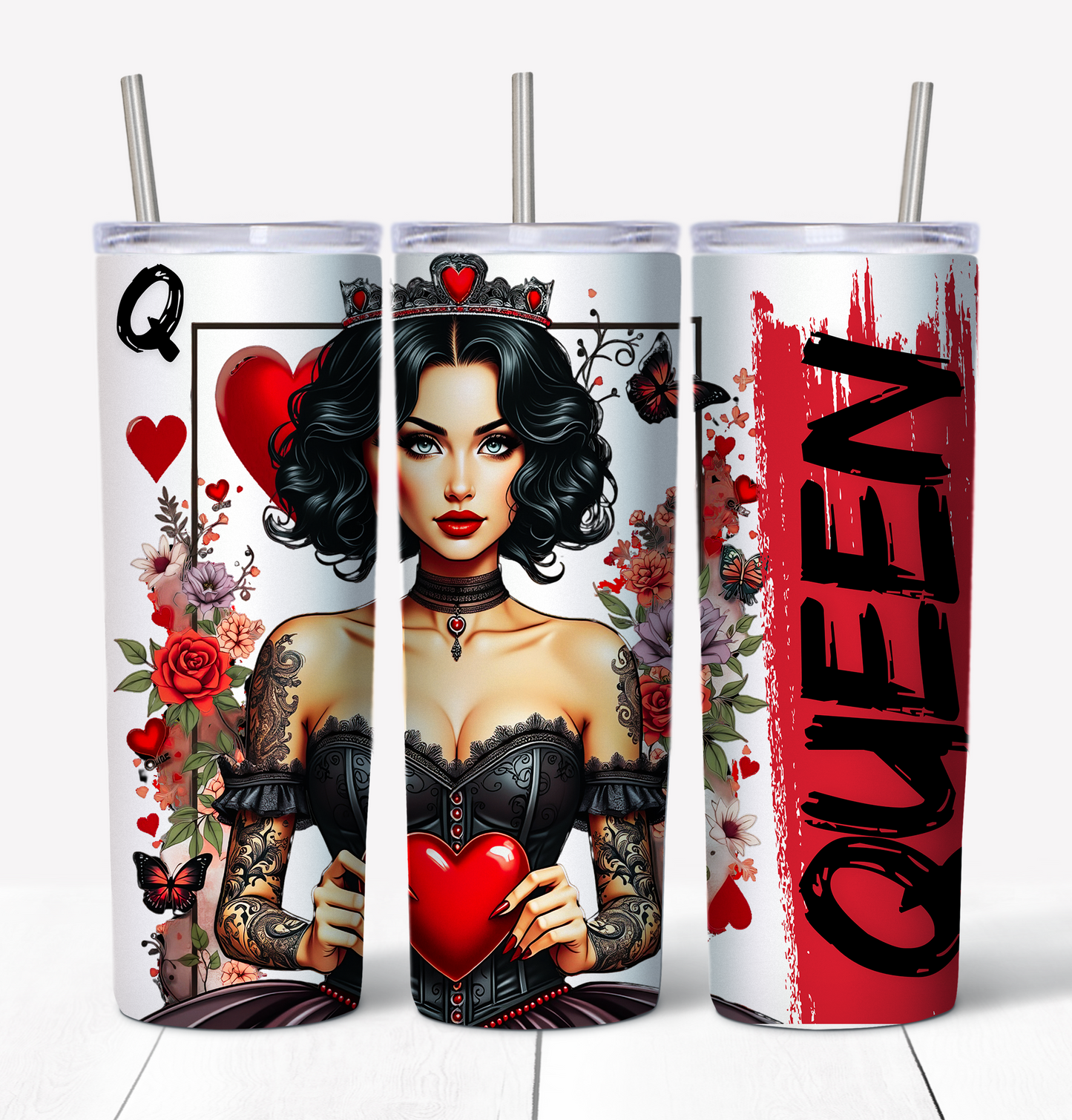 Valentines Queen of Hearts Skinny Tumbler w/Sliding Lid and Straw- 20 Oz