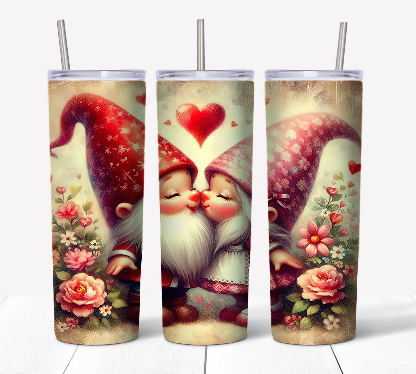 Valentines Gnome Couple Skinny Tumbler w/Sliding Lid and Straw- 20 Oz