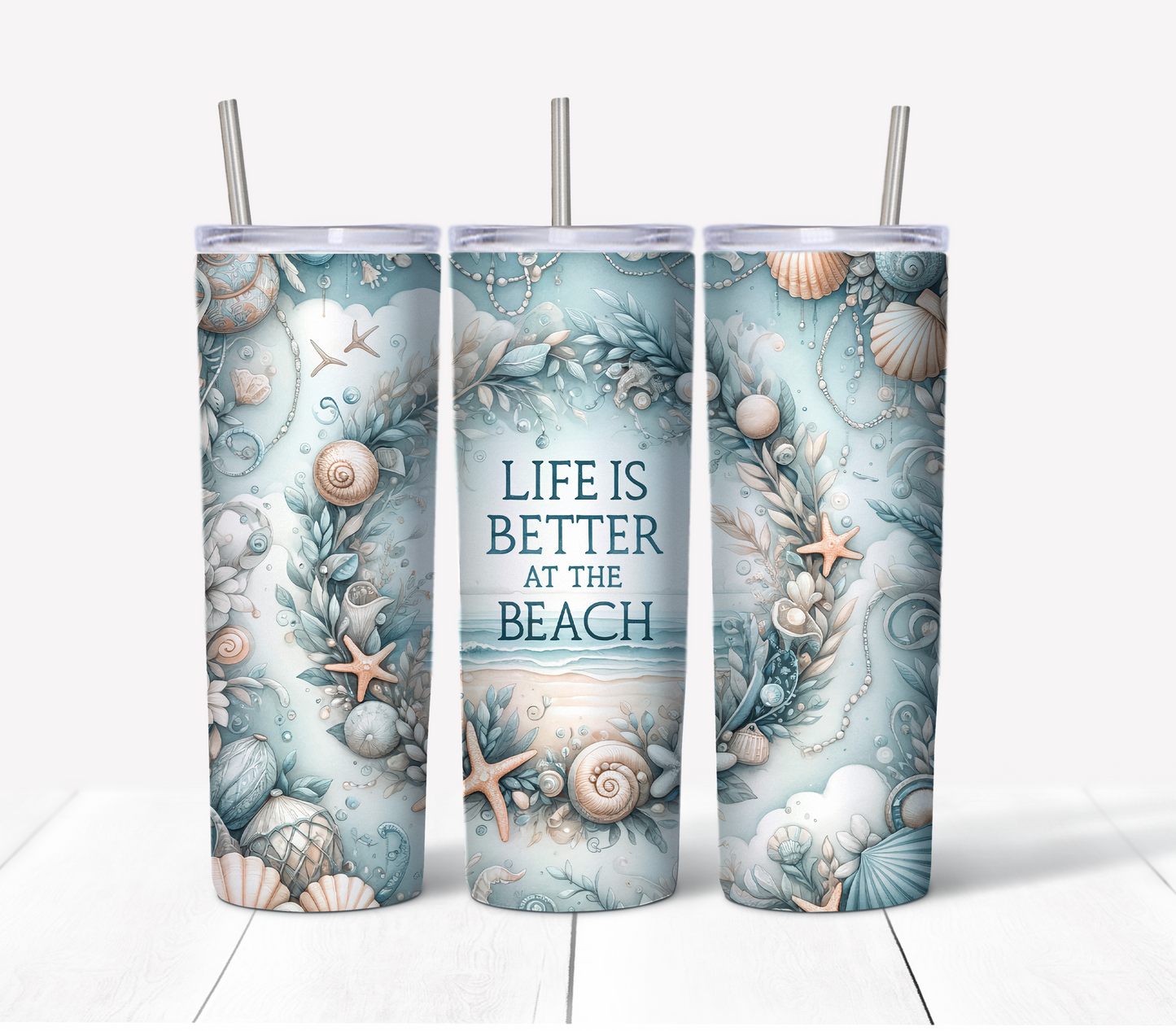 Beach Scenes Skinny Tumbler Set w/Sliding Lids and Straws - 20 Oz (6-Pack)