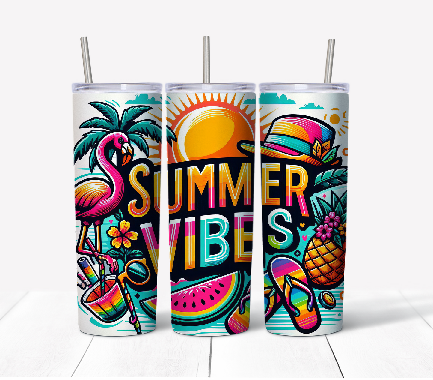 Beach Scenes Skinny Tumbler Set w/Sliding Lids and Straws - 20 Oz (6-Pack)