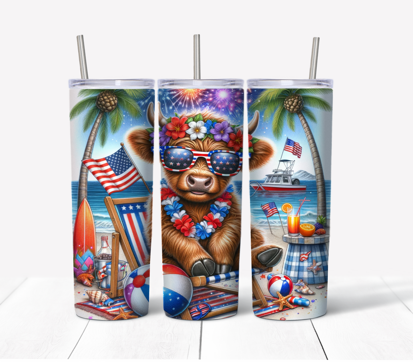 Beach Scenes Skinny Tumbler Set w/Sliding Lids and Straws - 20 Oz (6-Pack)