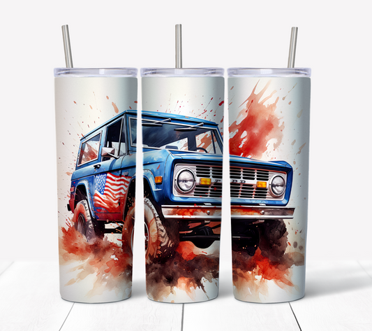 Patriotic Truck Skinny Tumbler w/Sliding Lid and Straw- 20 Oz