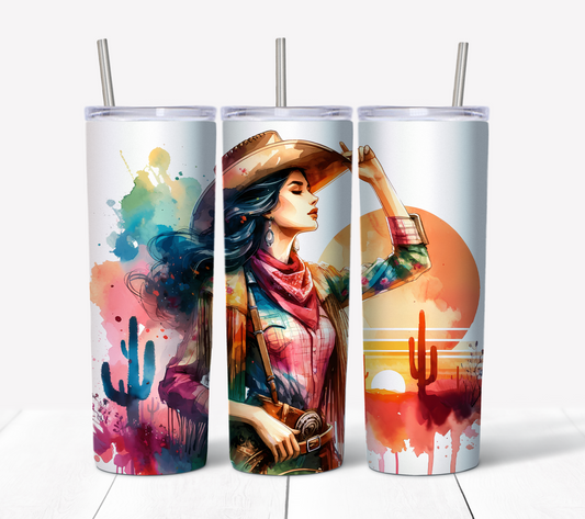 Patriotic Cowgirl Skinny Tumbler w/Sliding Lid and Straw- 20 Oz