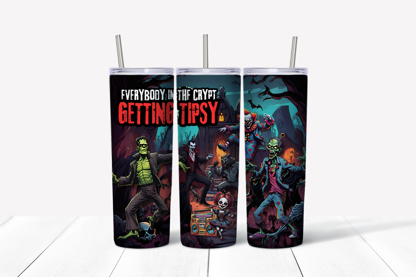 Crypt Tipsy Halloween Skinny Tumbler w/Sliding Lid and Straw- 20 Oz