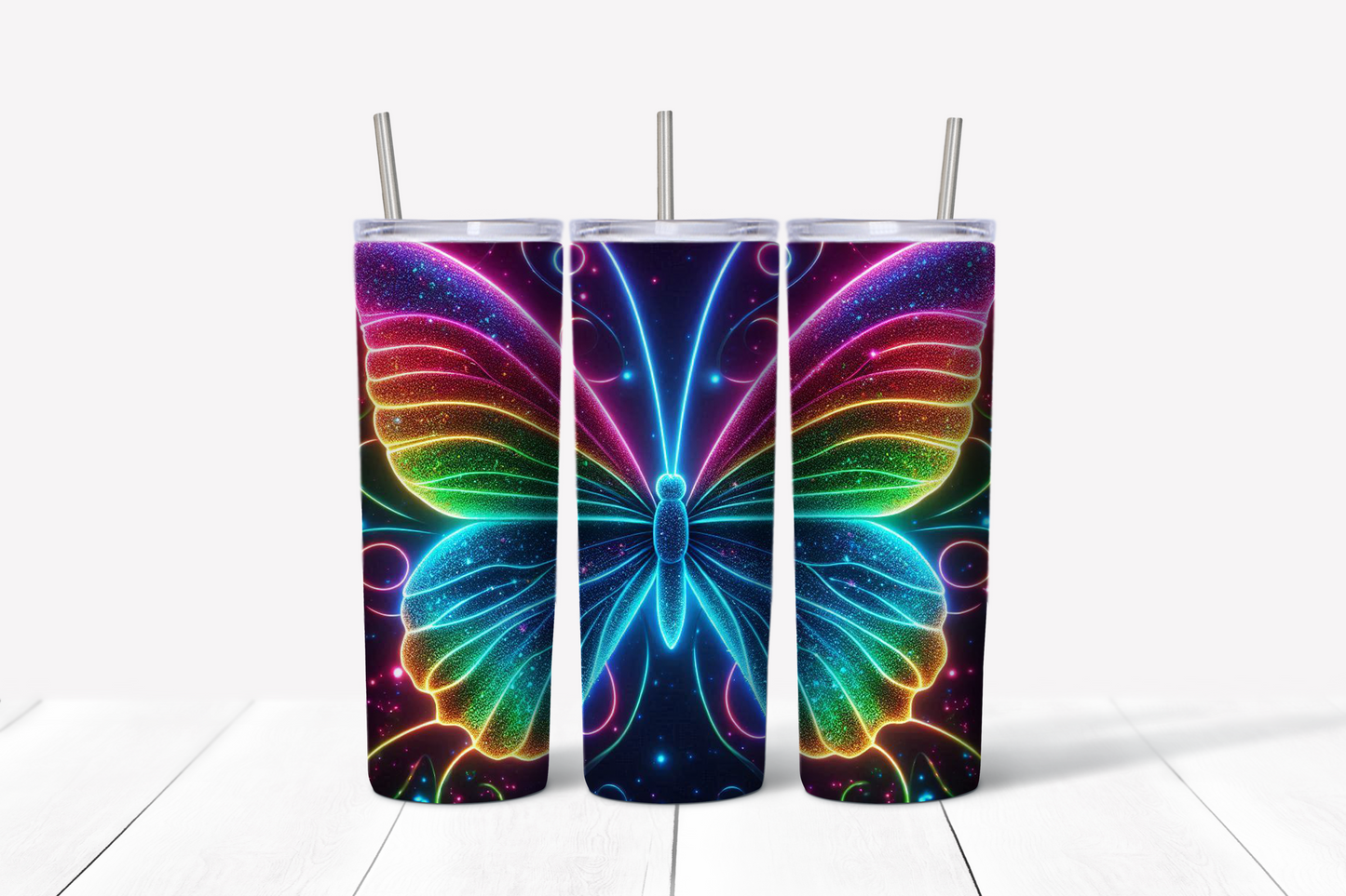 Butterfly Glow Skinny Tumbler w/Sliding Lid and Straw- 25 Oz