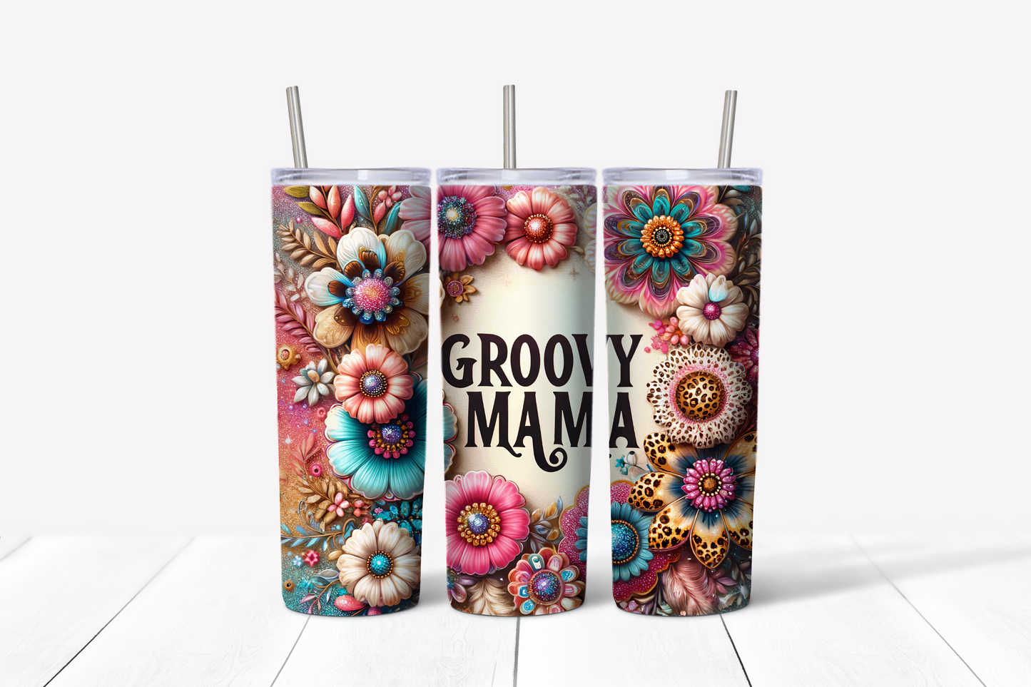 Groovy Mama Glitter Skinny Tumbler w/Sliding Lid and Straw- 25 Oz