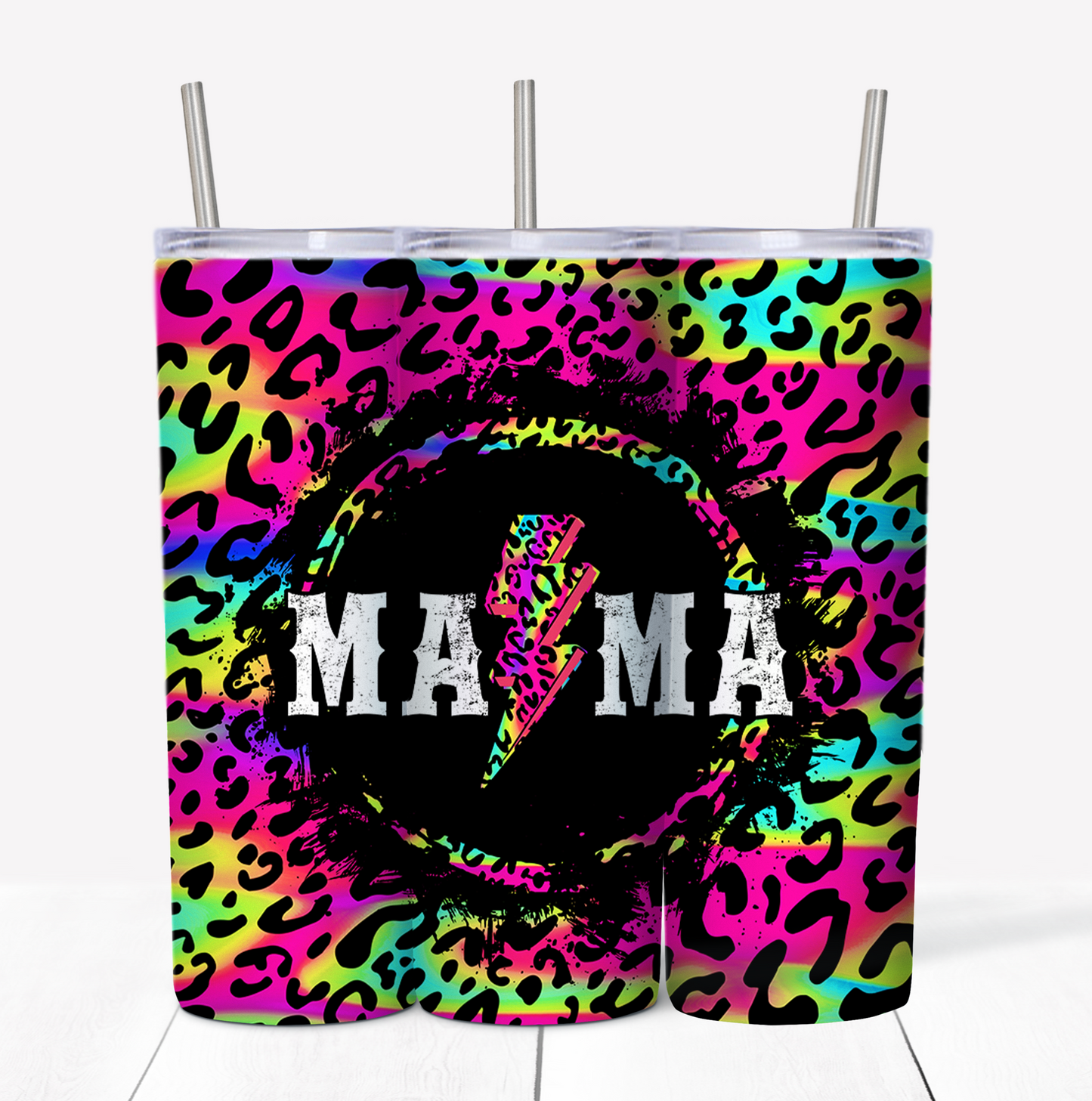 Mama Rainbow Leopard Skinny Tumbler w/Sliding Lid and Straw