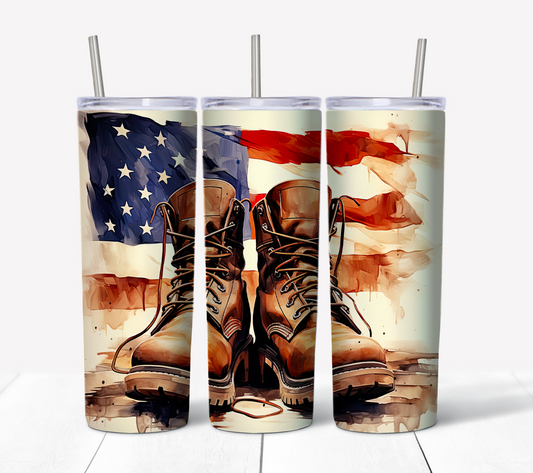 Patriotic Boots Skinny Tumbler w/Sliding Lid and Straw- 20 Oz