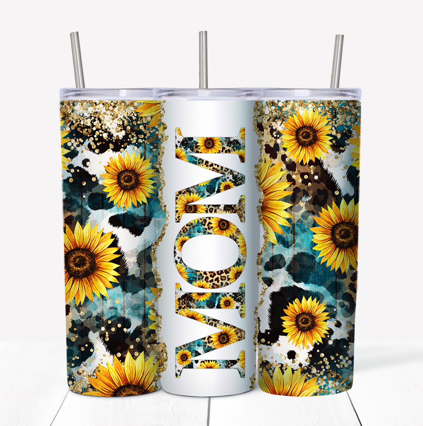 Mom Sunflower Teal Skinny Tumbler w/Sliding Lid and Straw