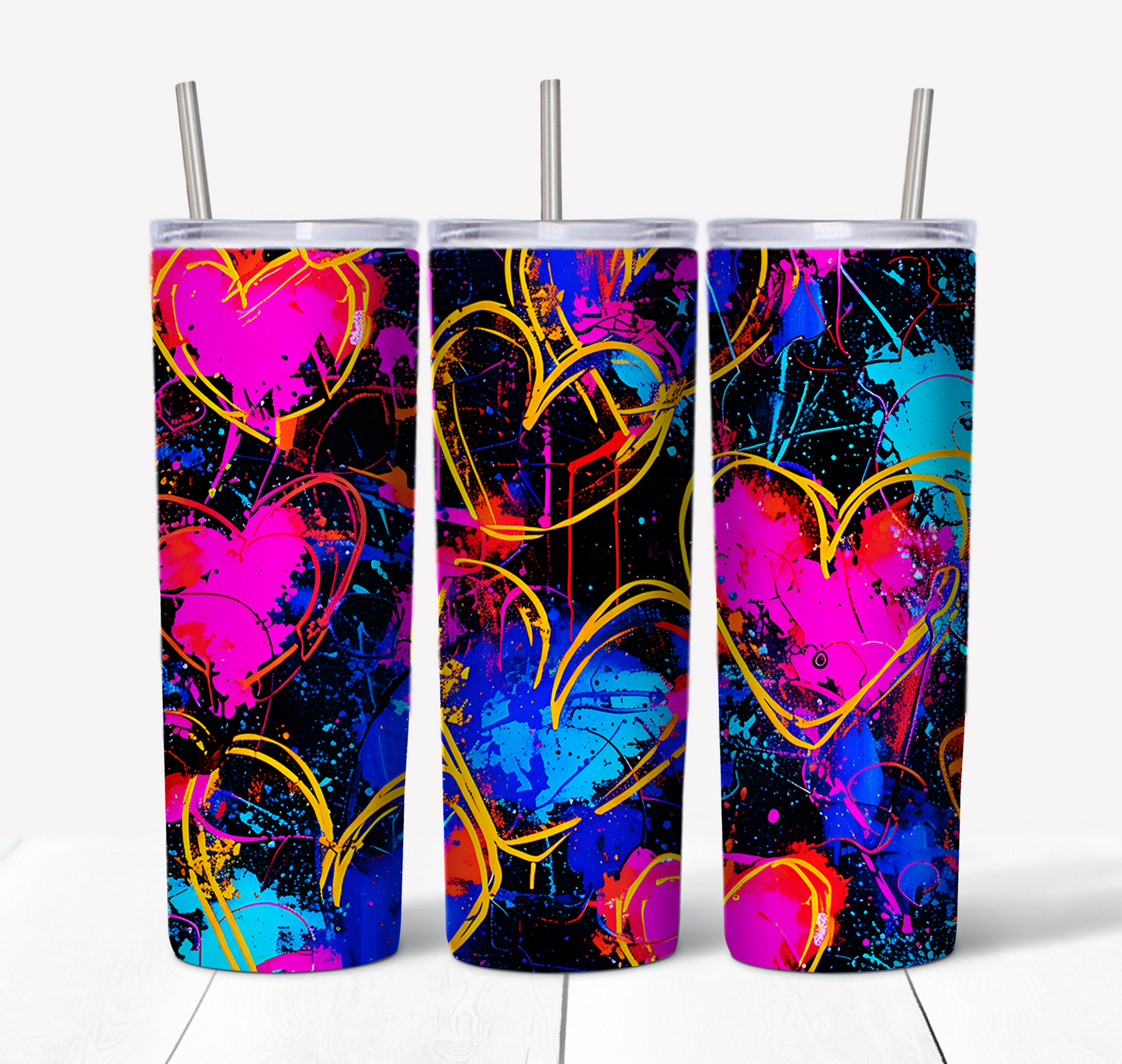 Neon Hearts 1 Skinny Tumbler w/Sliding Lid and Straw- 20 Oz