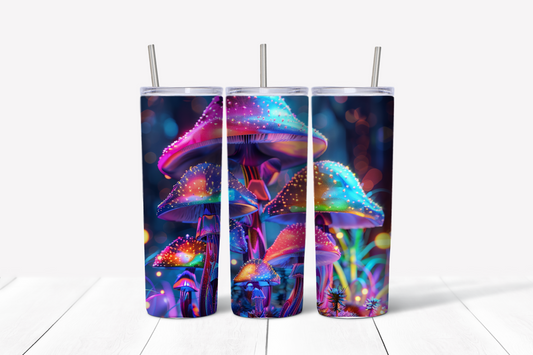 Neon Mushrooms Skinny Tumbler w/Sliding Lid and Straw- 20 Oz