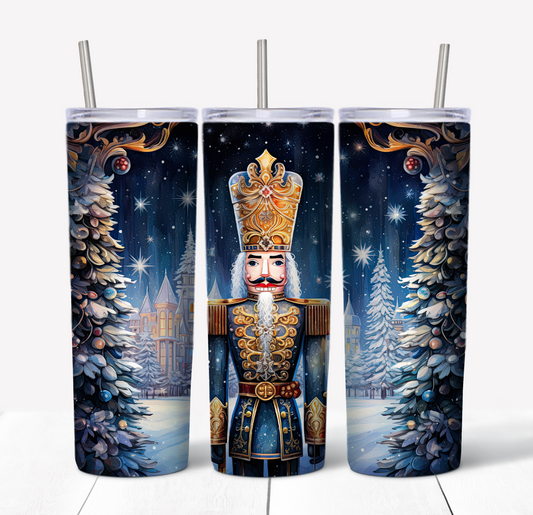 Blue Nutcracker Glitter Skinny Tumbler w/Sliding Lid and Straw- 25 Oz