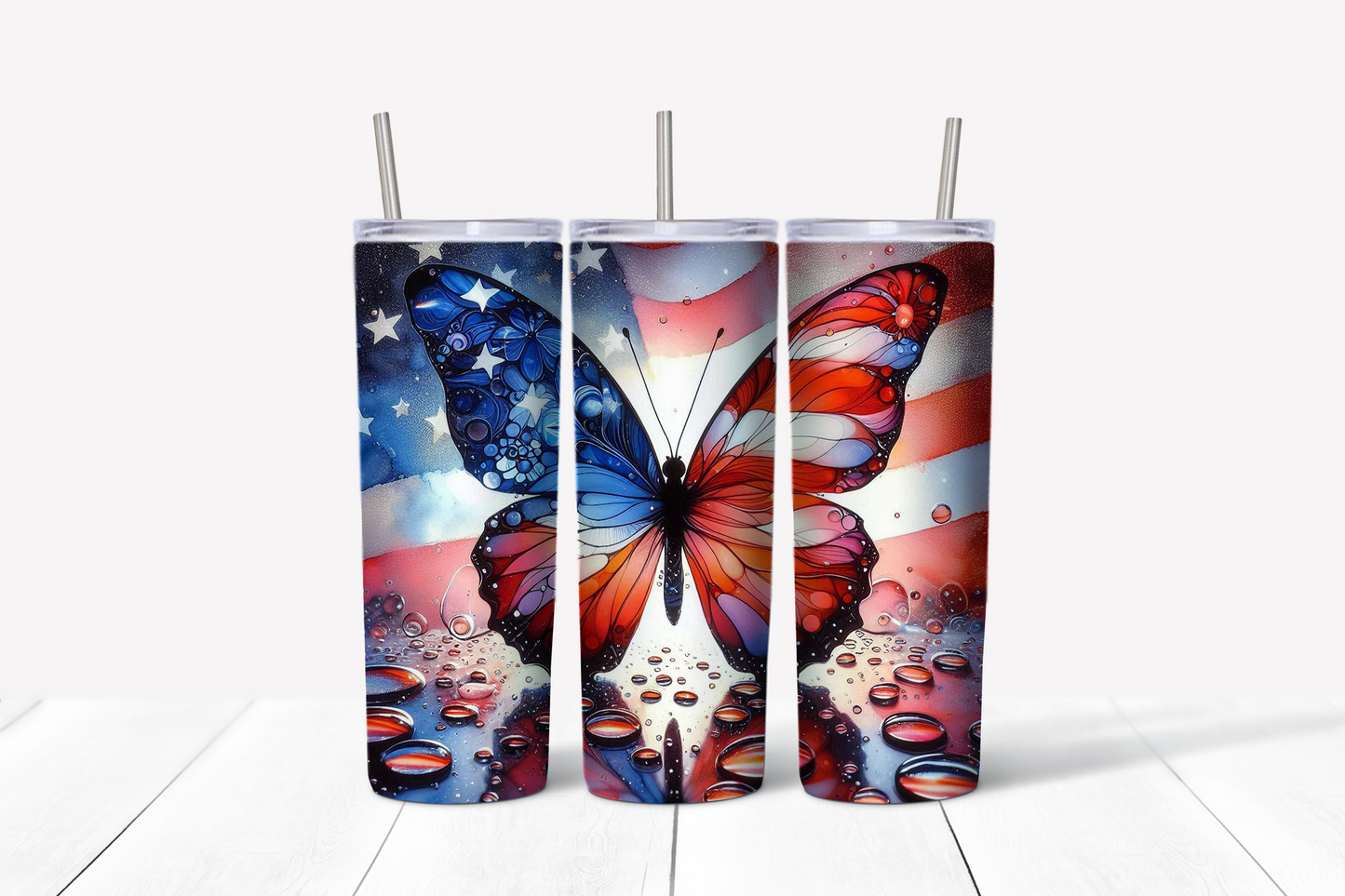 Patriotic Butterfly Glitter Skinny Tumbler w/Sliding Lid and Straw- 25 Oz