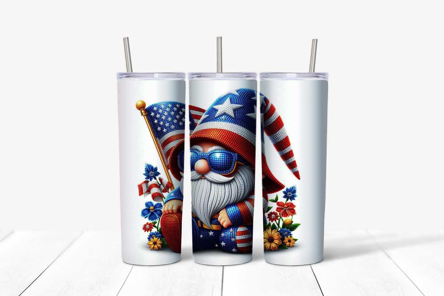 Patriotic Gnome Glitter Skinny Tumbler w/Sliding Lid and Straw- 25 Oz