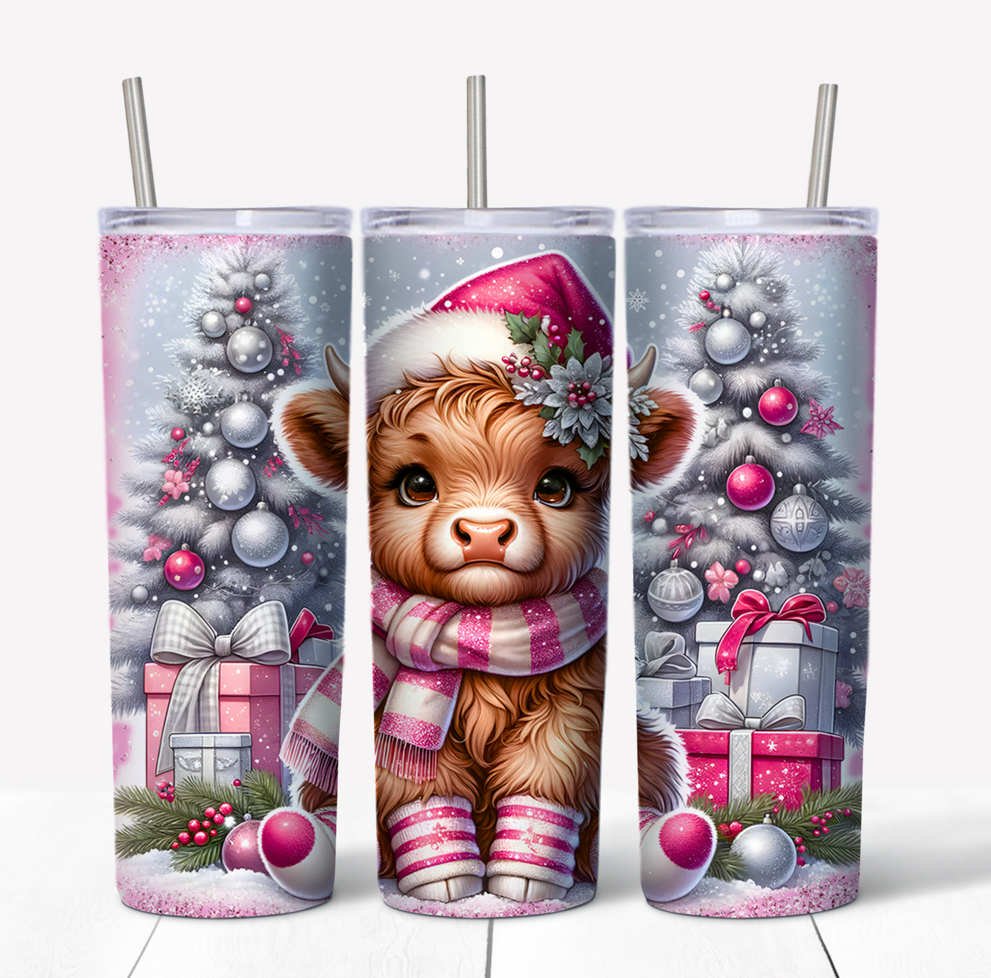 Pink Christmas Cow Glitter Skinny Tumbler w/Sliding Lid and Straw- 25 Oz