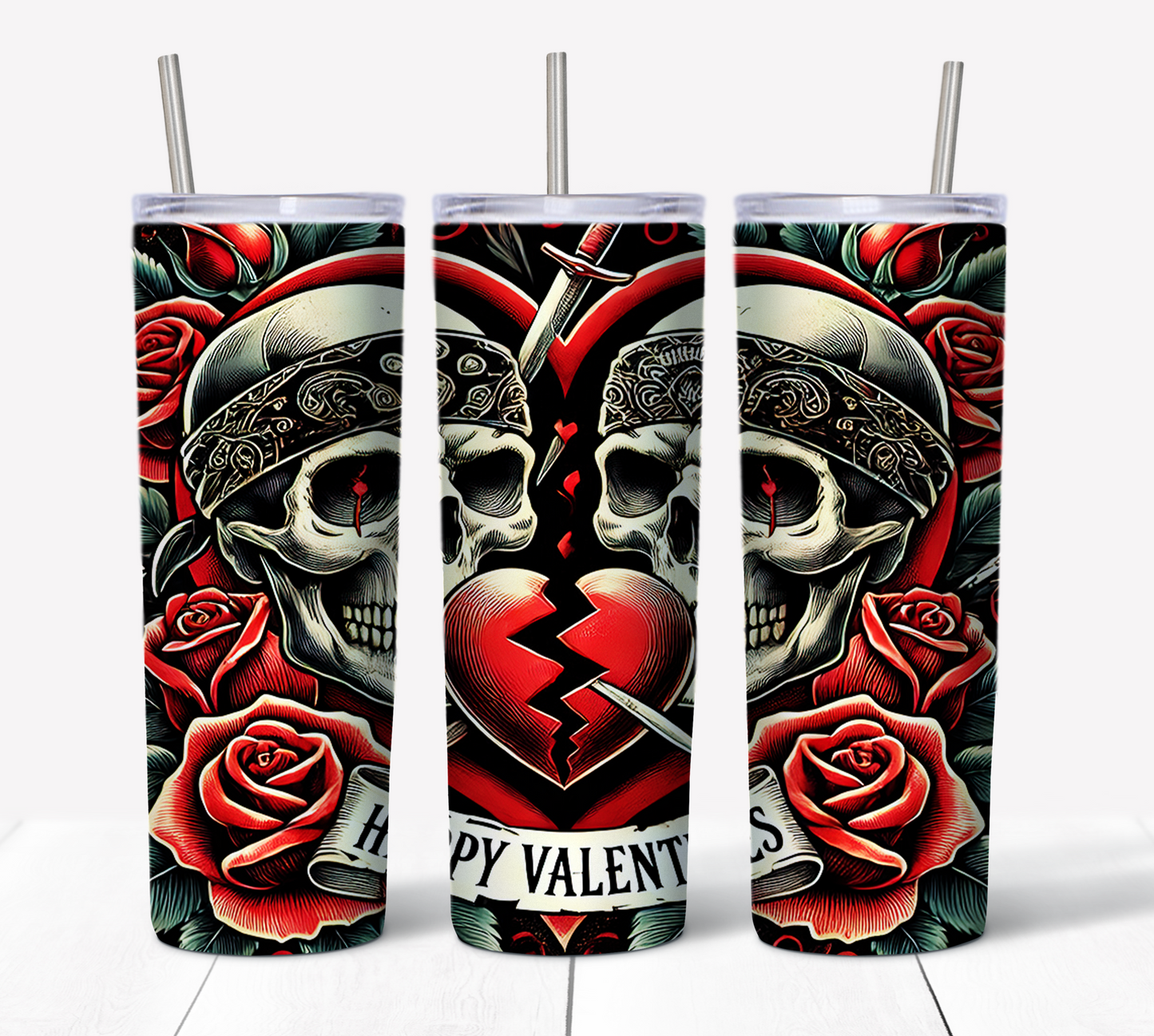 Valentines Skull Skinny Tumbler w/Sliding Lid and Straw- 20 Oz