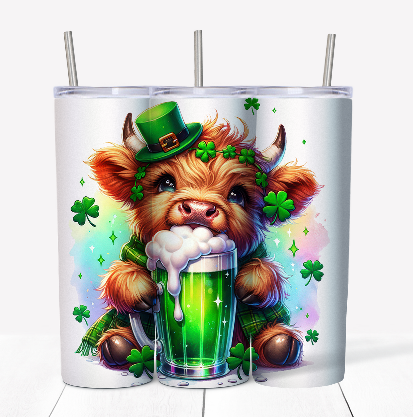 St Patricks Day Cow Beer Skinny Tumbler w/Sliding Lid and Straw- 20 Oz