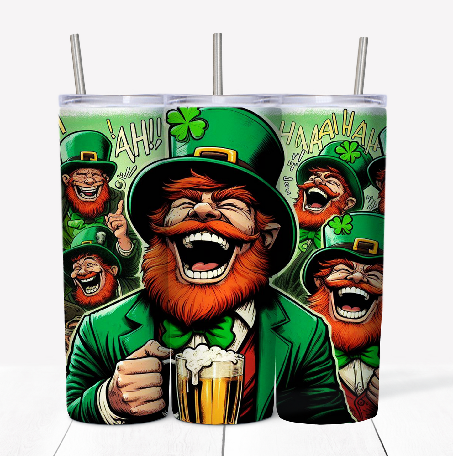 St Patricks Day Leprechaun Laugh Skinny Tumbler w/Sliding Lid and Straw- 20 Oz