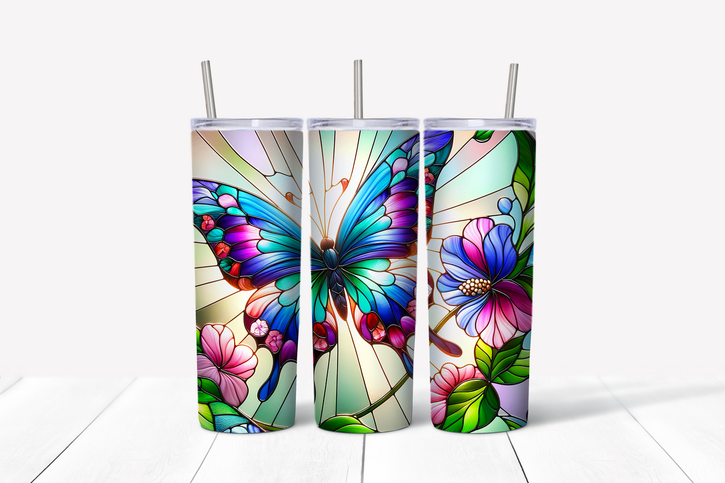 Stained Glass Butterfly Glitter Skinny Tumbler w/Sliding Lid and Straw- 25 Oz