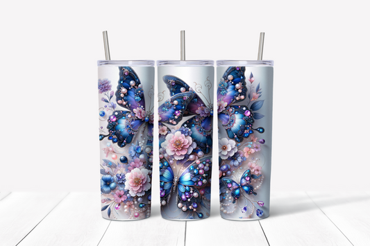 Purple Studded Butterfly Glitter Skinny Tumbler w/Sliding Lid and Straw- 25 Oz