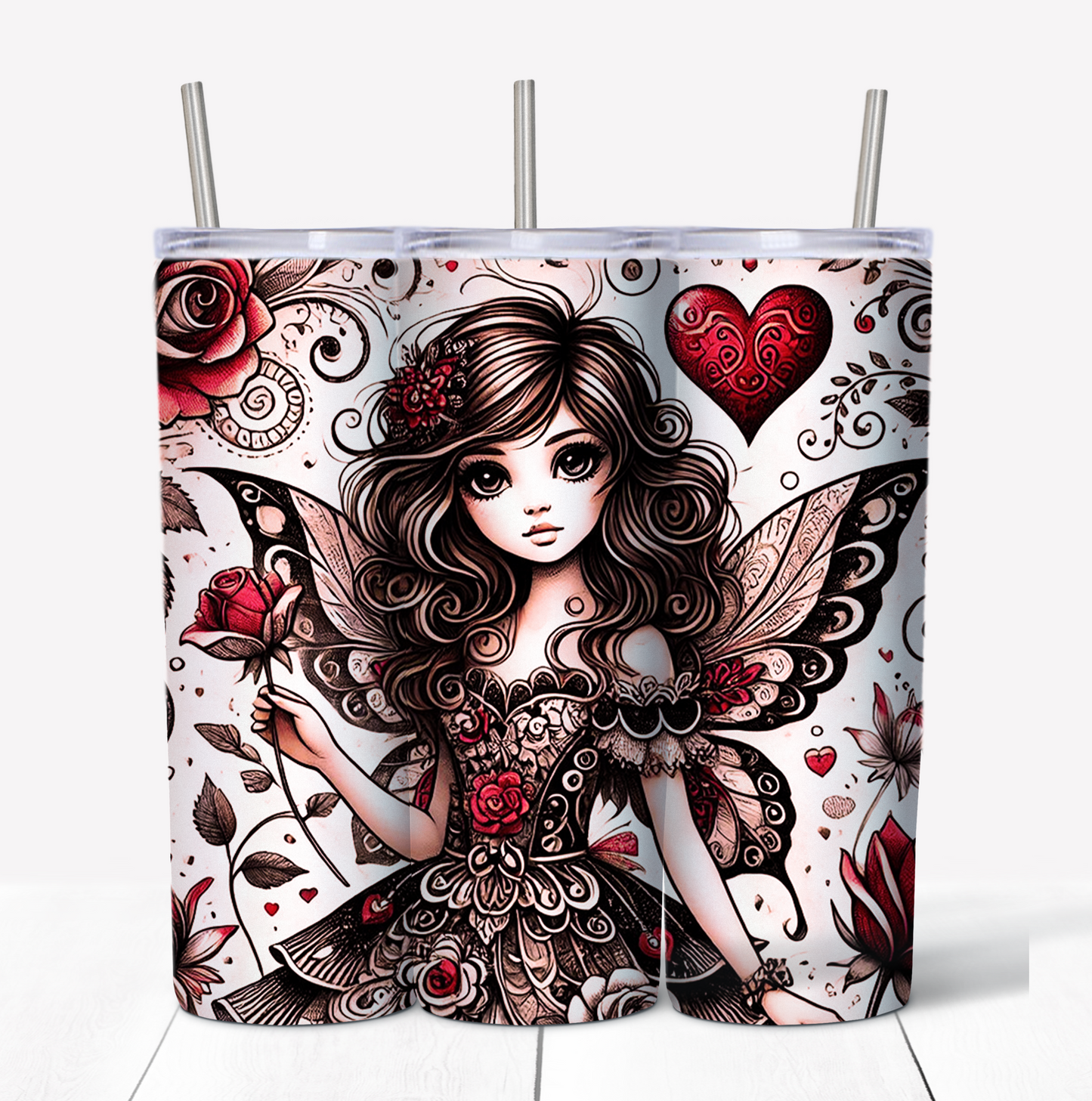 Valentines Fairy Skinny Tumbler w/Sliding Lid and Straw- 20 Oz