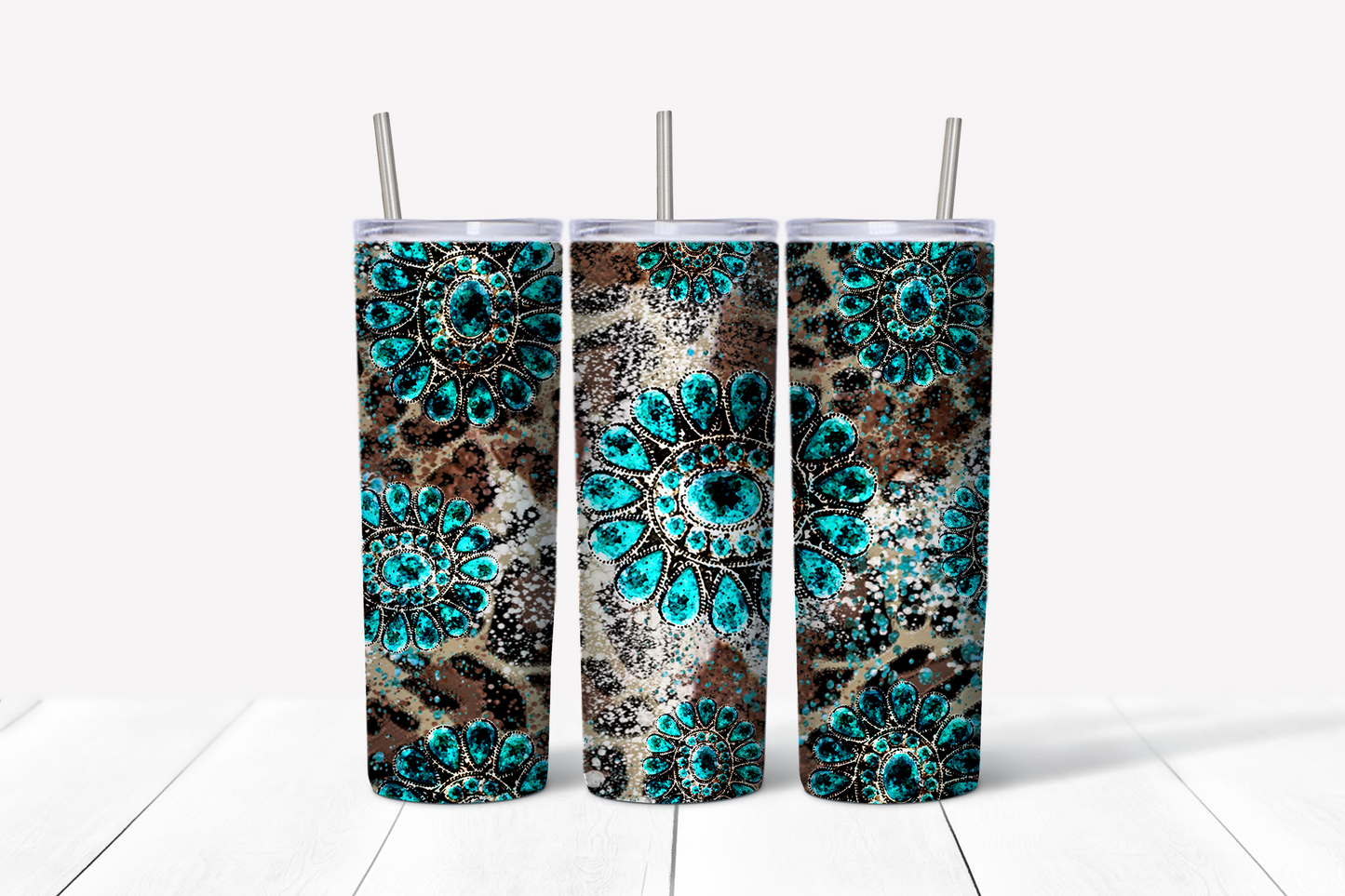 Western Leopard Glitter Skinny Tumbler w/Sliding Lid and Straw- 25 Oz