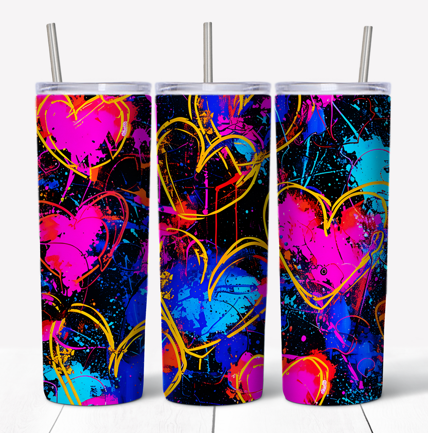 Neon Hearts 1 Skinny Tumbler w/Sliding Lid and Straw- 20 Oz