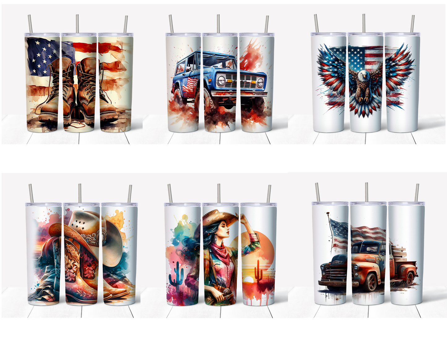 Patriotic Skinny Tumbler Set w/Sliding Lids and Straws - 20 Oz (6-Pack)