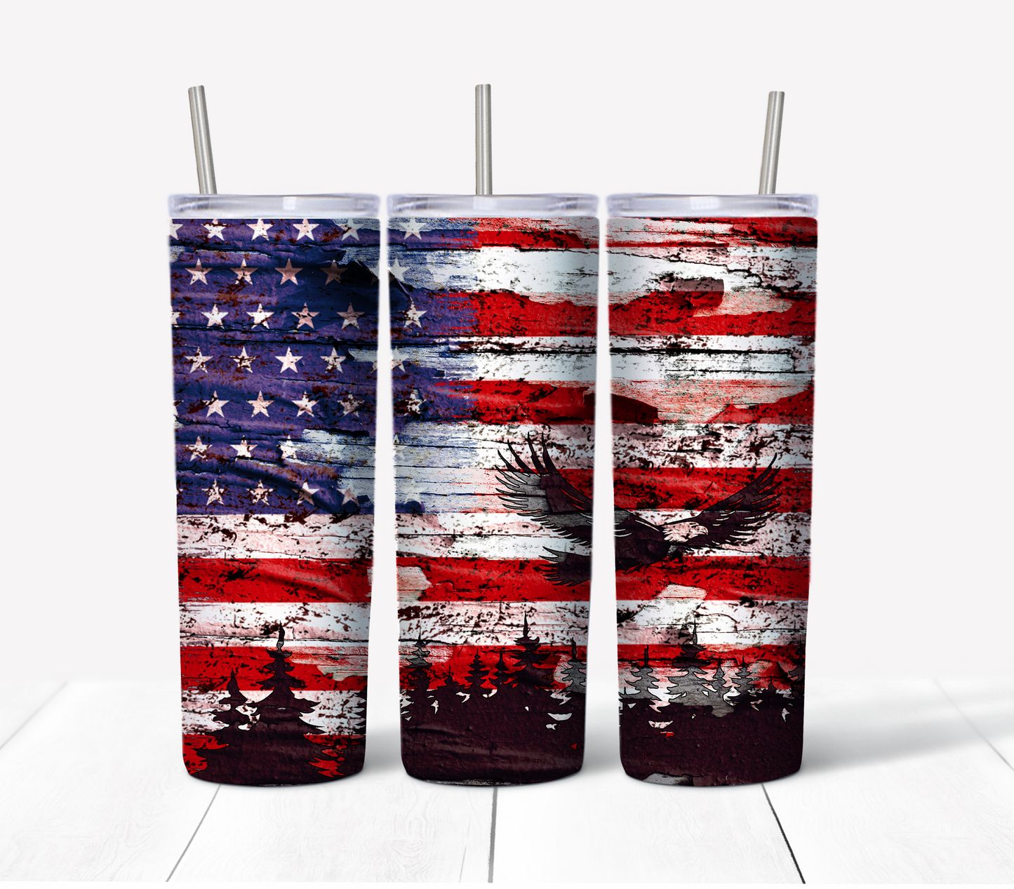 Patriotic Flag Skinny Tumbler w/Sliding Lid and Straw- 20 Oz