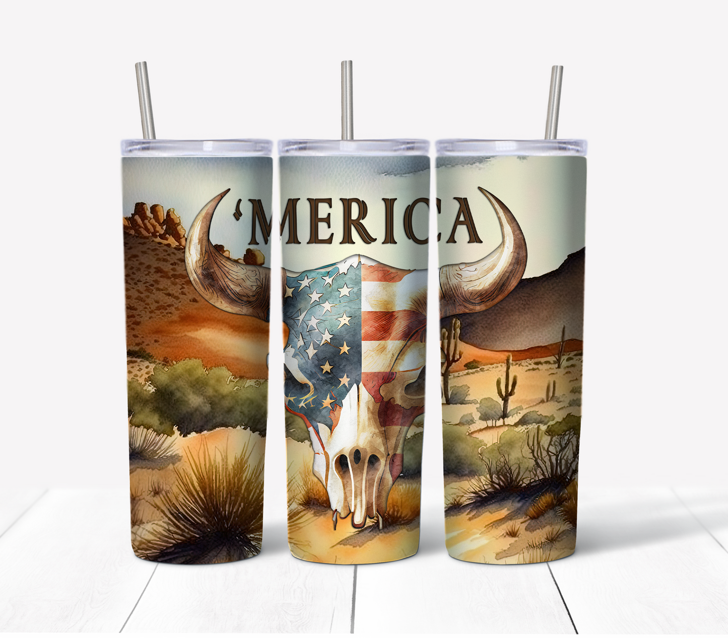 Patriotic Skull Skinny Tumbler w/Sliding Lid and Straw- 20 Oz