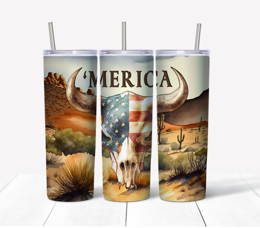 Patriotic Skull Skinny Tumbler w/Sliding Lid and Straw- 20 Oz