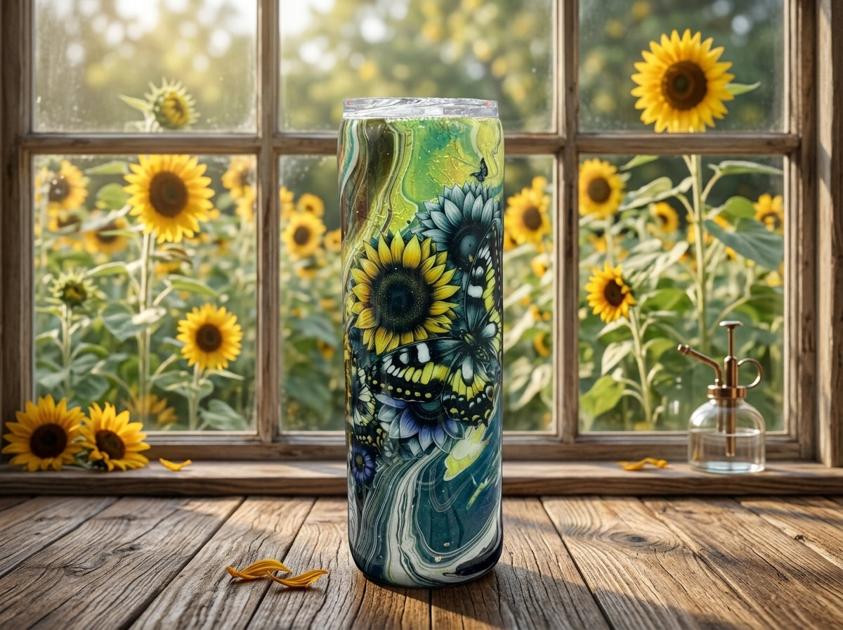 Custom Painted Sunflower Butterfly Swirl Stainless Skinny Tumbler w/Sliding Lid and Straw- 30 Oz