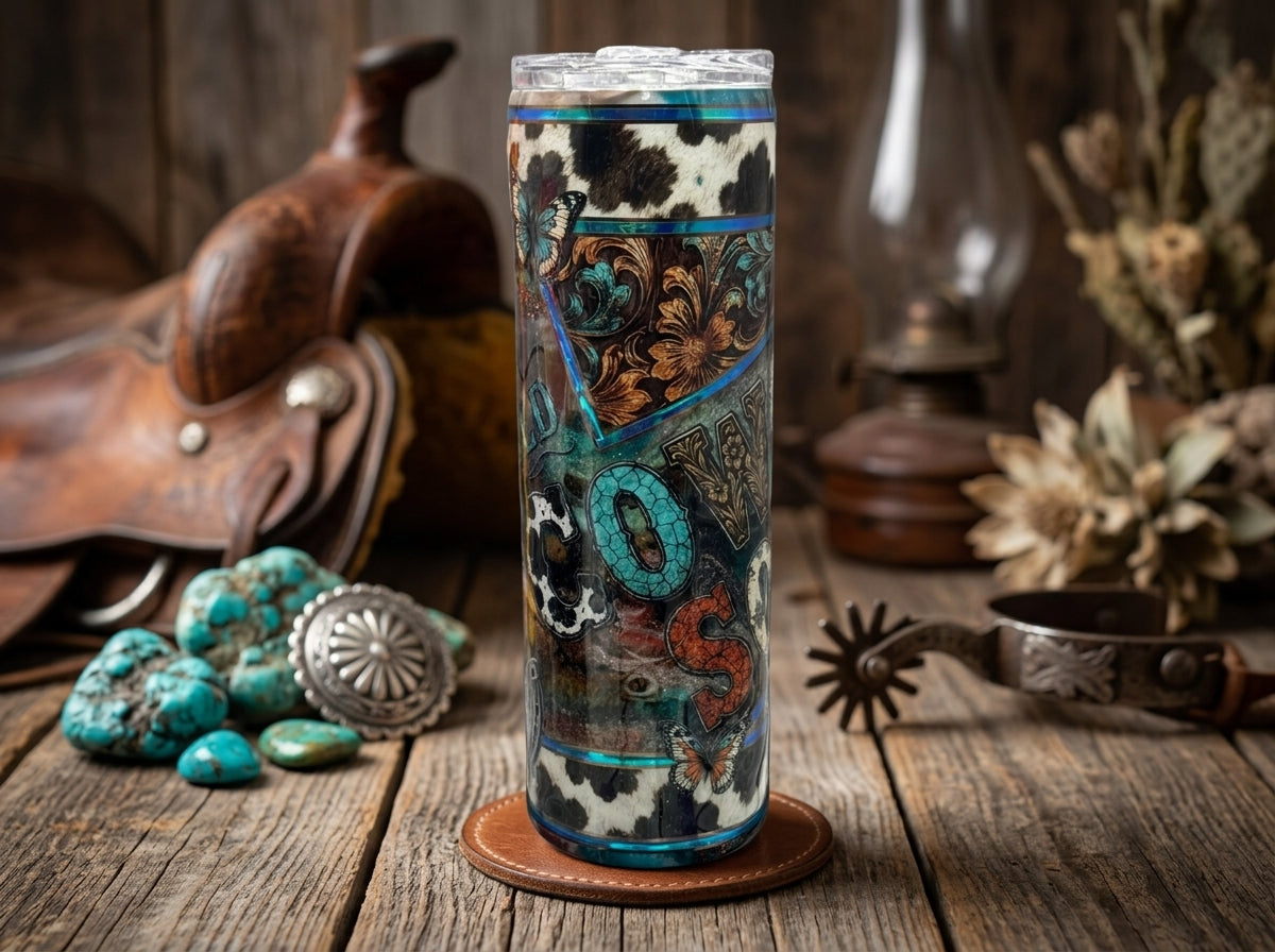 Custom Painted Cowgirl Soul Stainless Skinny Tumbler w/Sliding Lid and Straw- 30 Oz