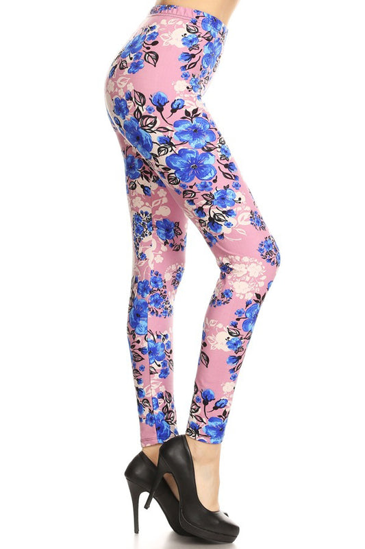 PINK/BLUE FLORAL Print Brushed ONE SIZE Leggings