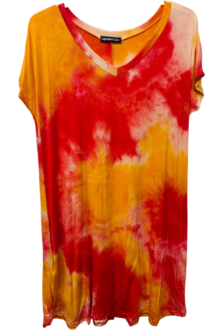 SHORT SLEEVE V-NECK TIE DYE PRINT WITH SIDE POCKET DETAIL