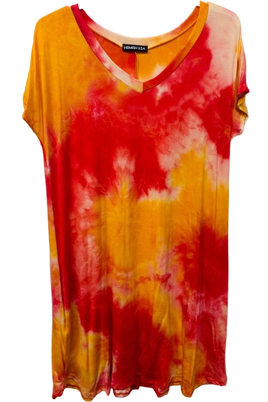 SHORT SLEEVE V-NECK TIE DYE PRINT WITH SIDE POCKET DETAIL